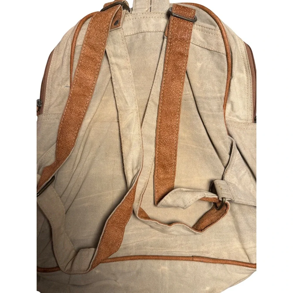 Flawed Gem! Western Cowhide Tooled Leather Canvas Backpack Rustic Travel Bag